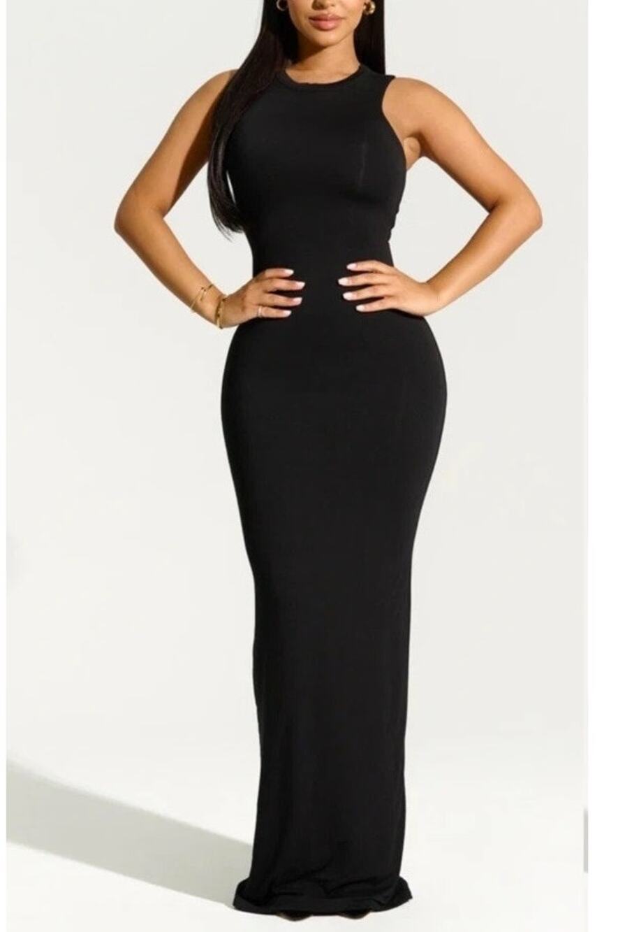Naked Wardrobe Smooth Sleeveless Maxi Dress Womens S Black Minimal Sleek Elegant